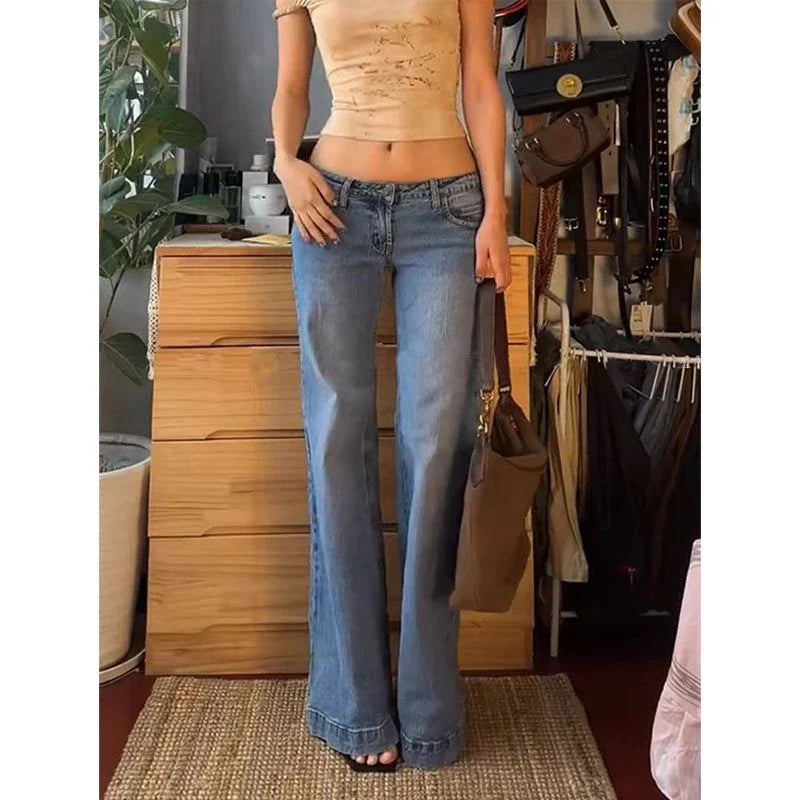 nvxiot - Women's Retro Washed Low Waisted Flared Jeans Summer New Chic Casual Wide-leg Pants Female Sexy Denim Bell-bottoms Trousers