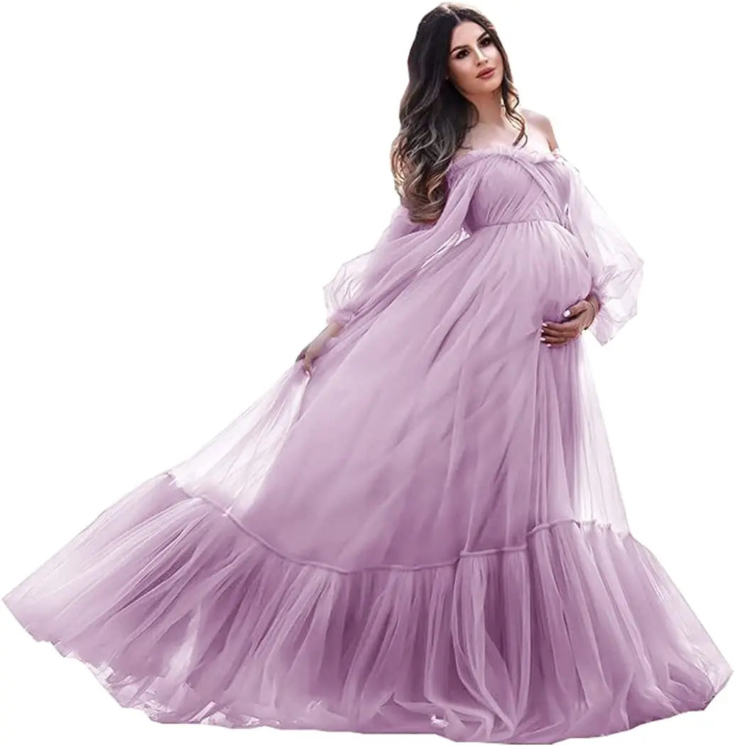 nvxiot - Puffy Sleeve Maternity Dress Tulle Robe With Underskirt for Photoshoot Off Shoulder Pregnancy Baby Shower Gown
