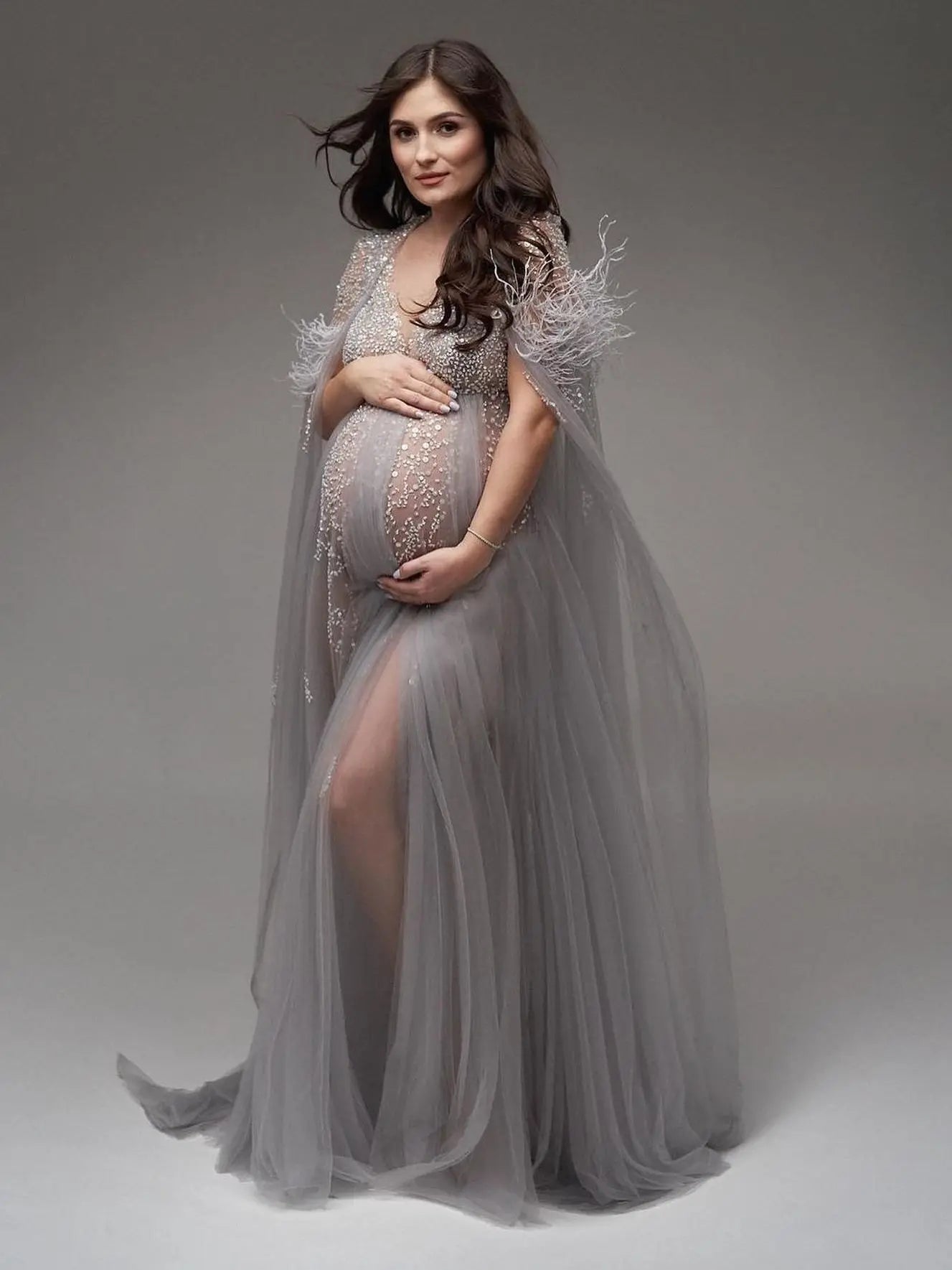 nvxiot - Silver Grey Studded Sequin Tulle Maternity Photo Shoot Dress for Baby shower V-neck Pregnant Women Gown with Feather Tassel