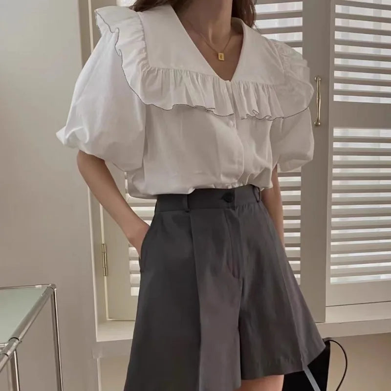 nvxiot - Korean Style Female Shirts Summer Minimalist Navy Collar Ruffle Stripe Blouse Loose Single Breasted Short Bubble Sleeve Tops