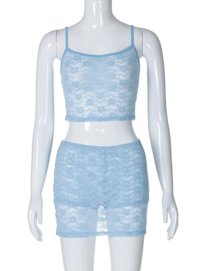 nvxiot - New in Woman Clothing 2 Piece Blue Dresses Set Fashion Sexy Lace Camisoles Top and Mini Wrap Skirts Beach Vacation Matching Sets