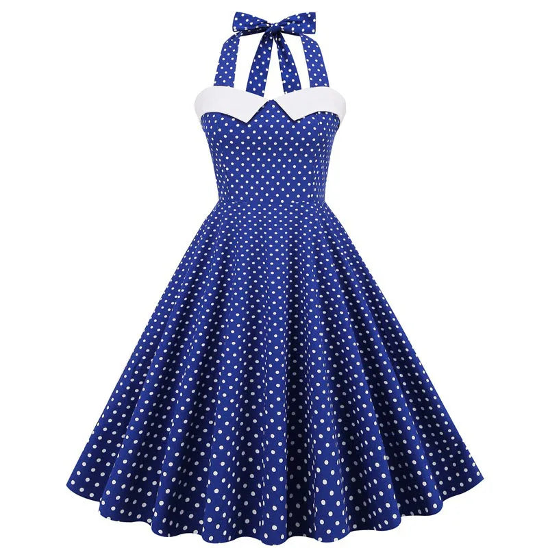 MQTIME - Women Red Polka Dot Party Halter Dress Vintage 50s Rockabilly Hepburn Elegant Strapless Swing Retro Short Midi Tunic Pinup Dress