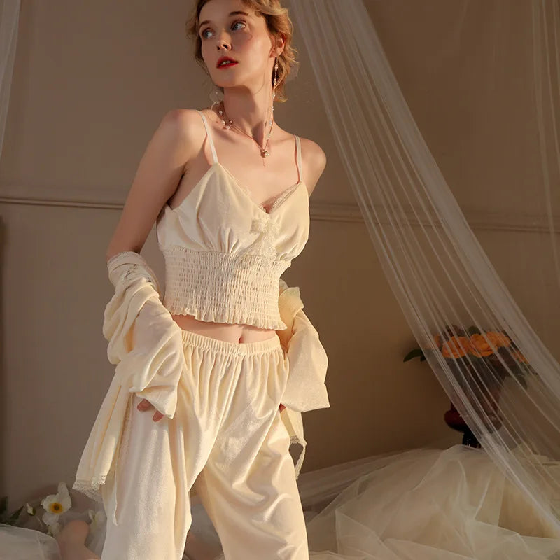 MQTIME - Women Long Sleeve Pajamas Sexy Lingerie White Velour Nightwear Sleepwear 3pcs Pajama Sets Pijama