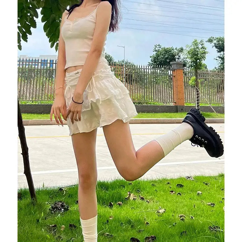 MQTIME - French Style White Mini Skirts Holiday Casual Kawaii High Waist A-line Skirt Sweet Girl Kpop Y2k Skirt for Women Summer