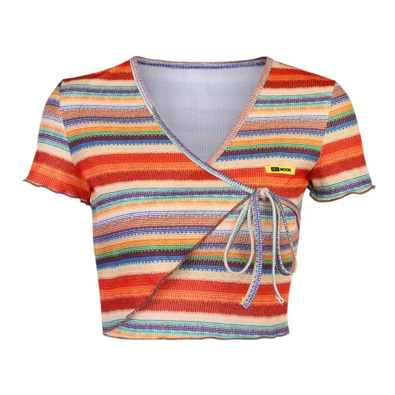 MQTIME - Bandage All-Match Irregular Criss Cross Fashion Casual Crop T-Shirts Summer Women Short Sleeve V-Neck Multicolor Stripe Top