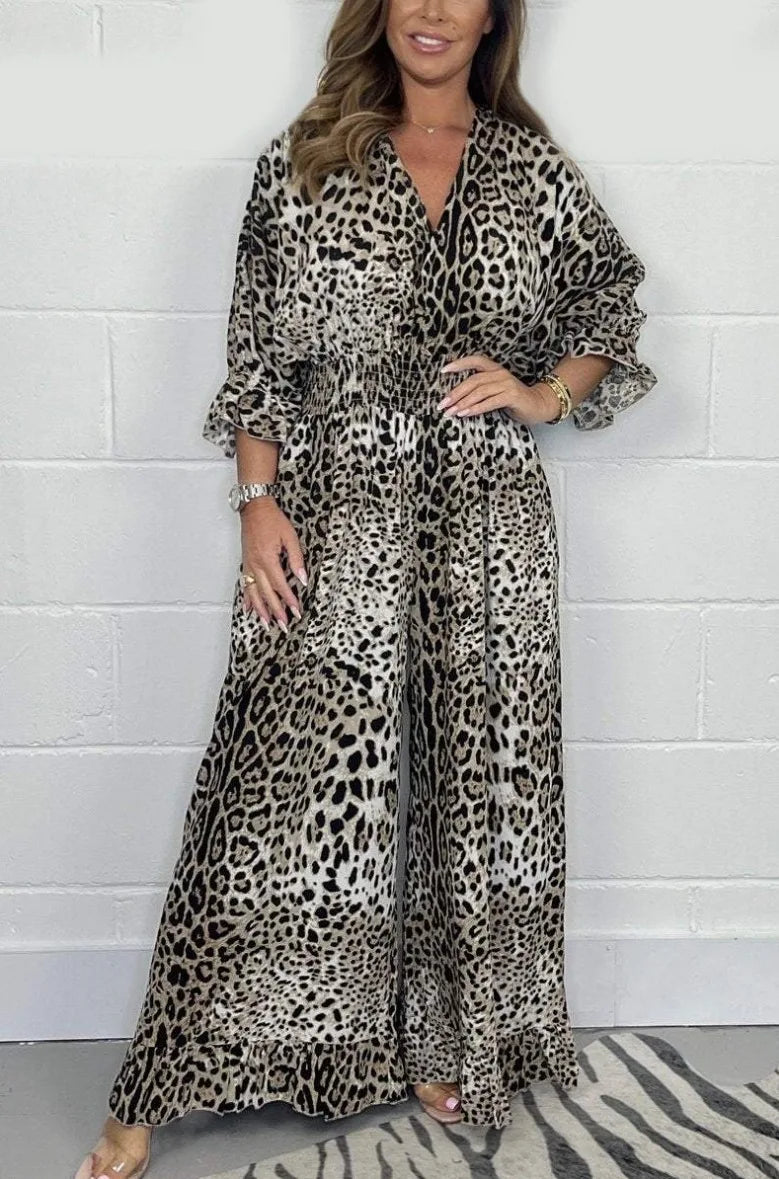MQTIME - Leopard Print Casual loose Jumpsuits for Women Sexy Elegant Long Straight Pants Busineess Wide Leg Jumpsuit Dressy Party