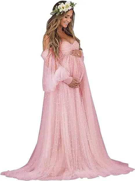 nvxiot - Pearl Tulle Maternity Dress for Photoshoot Long Puffy Sleeve Off Shoulder Babyshower Bridal Pregnancy Gowns