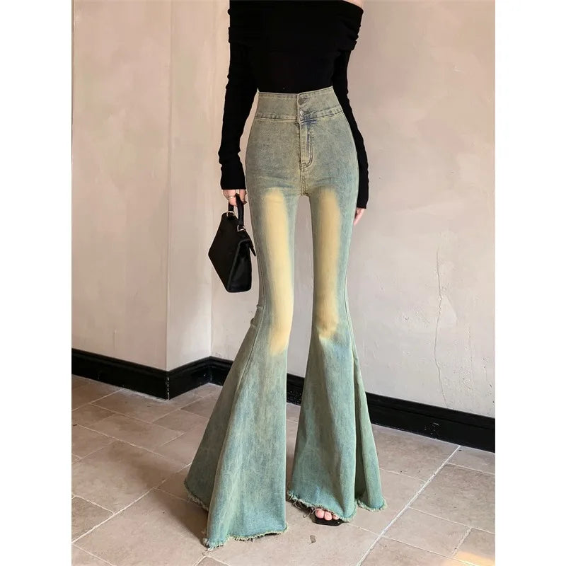 nvxiot Y2K Streetwear Distressed Bleached Casual Jeans Women 2024 Spring New High Waist Sexy Slim Washed Denim Wide Leg Pants