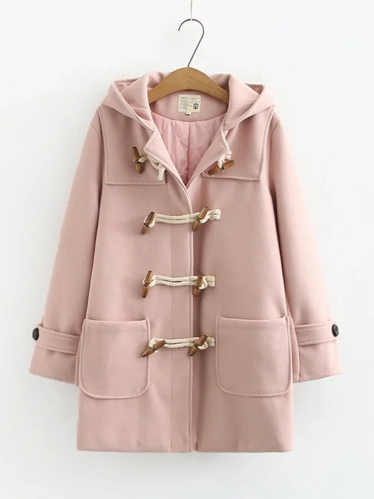 nvxiot - Winter Women Wool Blends Coat Straight Long Hooded Coats Jacket Horn Button Sleeve Preppy Style Female Warmness Outwears