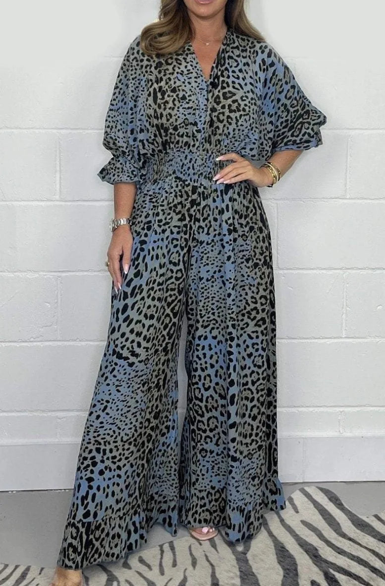 MQTIME - Leopard Print Casual loose Jumpsuits for Women Sexy Elegant Long Straight Pants Busineess Wide Leg Jumpsuit Dressy Party