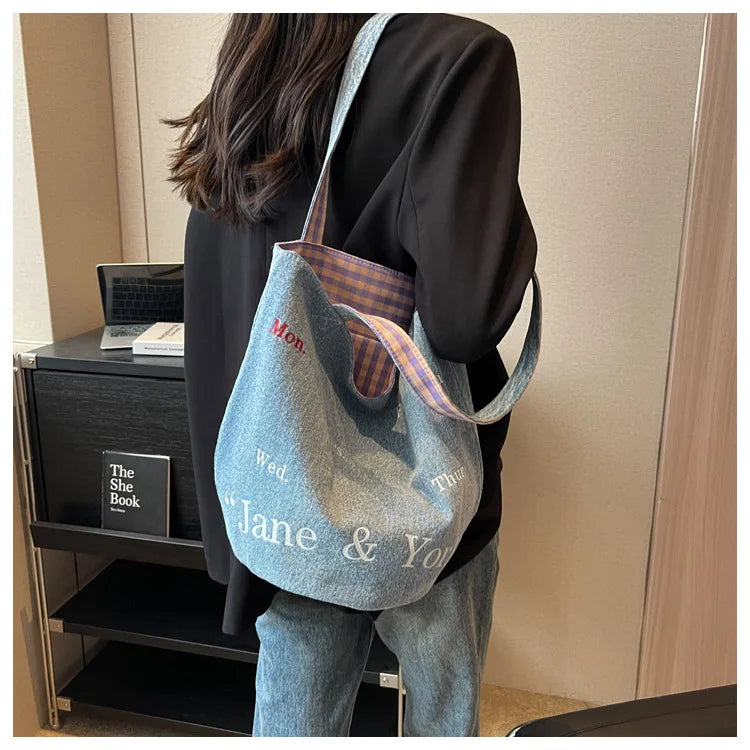MQTIME - Vintage Denim Bucket Bag Women New Letter Print Chic Large Capacity Shoulder Tote Bag Ladies Harajuku Casual Handbag Y2k