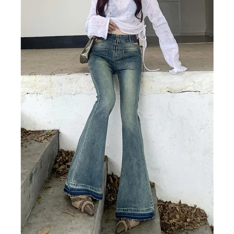 nvxiot Low Waist Hollow Y2K Sexy Slim Distressed Jeans Women Autumn New High Street Fashion All Match Washed Wide Leg Pants