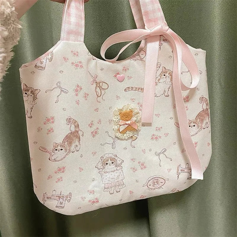 nvxiot - Sweet Cat Floral Print Student Handbag Lovely Girl Tote Bag Large Capacity Big Square Shoulder Bag Handbags