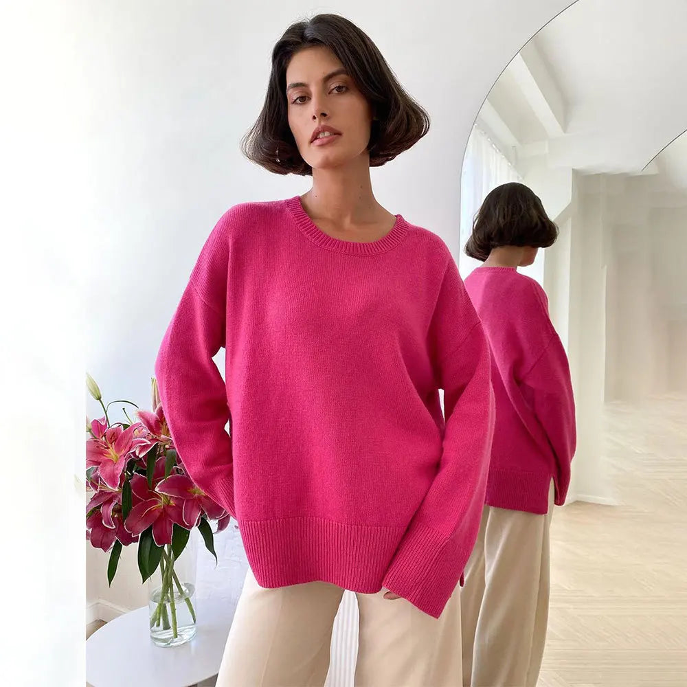 nvxiot Blue Basical O-Neck Slit Sweater Knitwear Women Autumn Long Sleeve Knitted Pullovers Loose-fit Casual Jumpers Clothing