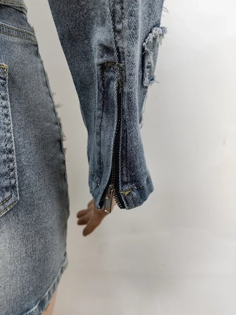 nvxiot - Embroidery Tassel Jeans Two Piece Set Women Stand Collar Long Sleeve Short Jackets Tops Bodycon Mini Skirts Fashion Denim Suits
