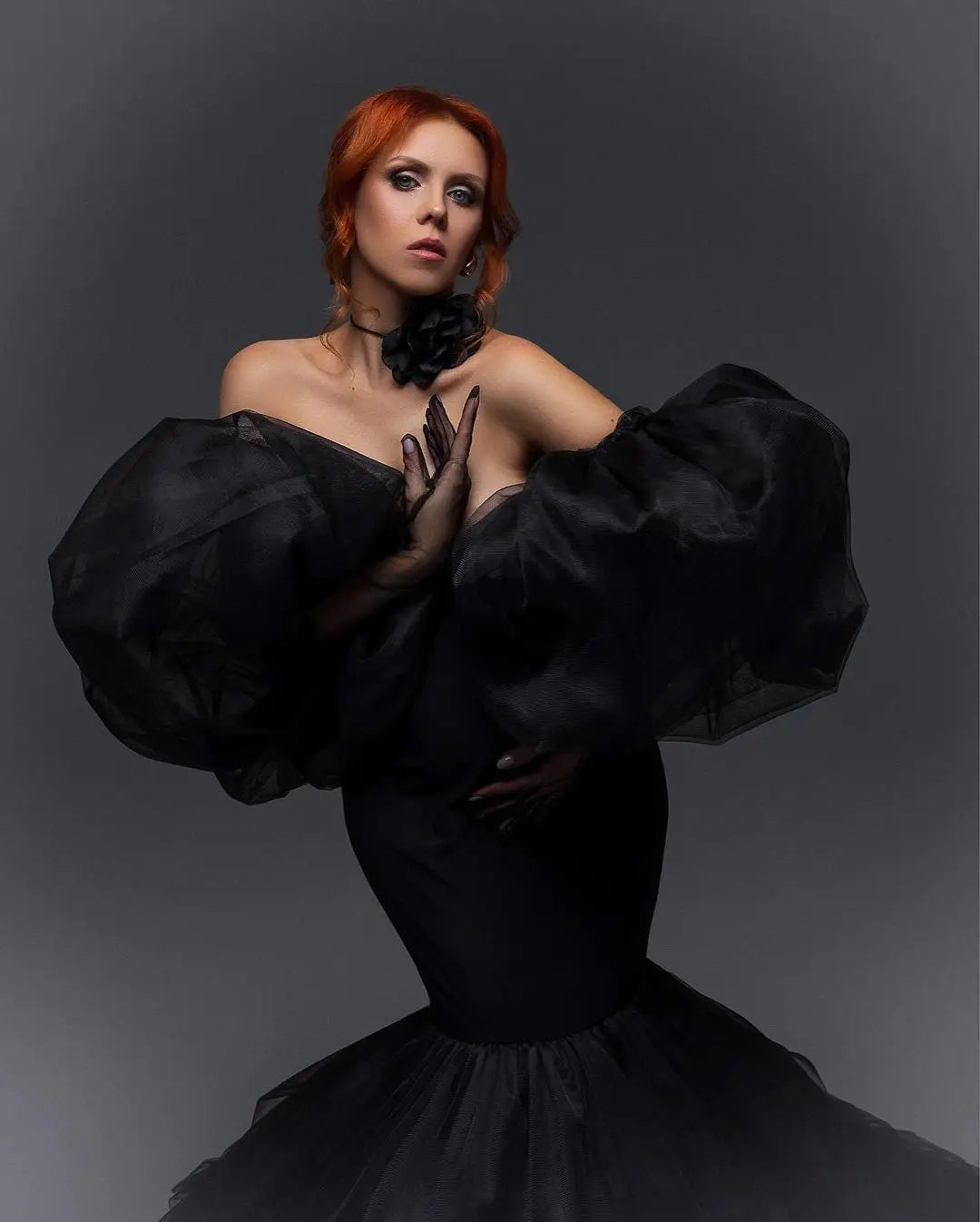 nvxiot - Pretty Black Mermaid Maternity Dresses for Pregnancy Women Puff Sleeves Tiered Tulle Maternity Photoshoot Dress Babyshower Gowns
