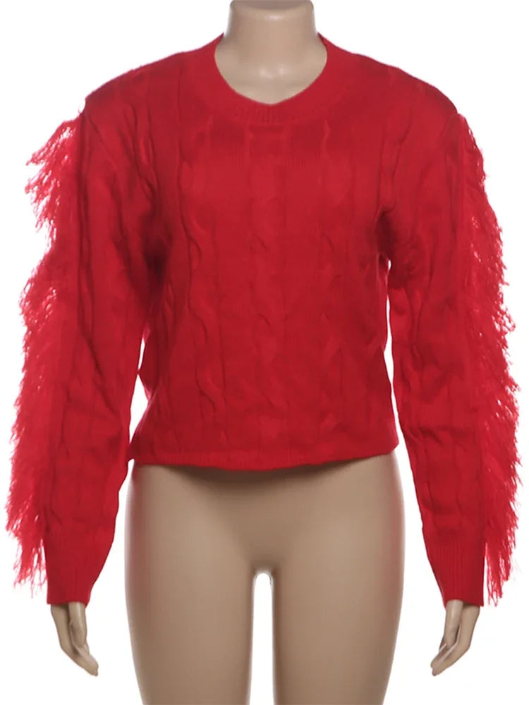 MQTIME - Tassel Long Sleeve Sweater For Women's 2024 Winter Slim O Neck Short Pullover Autumn Street Red Trendy Slim Knit Sweater