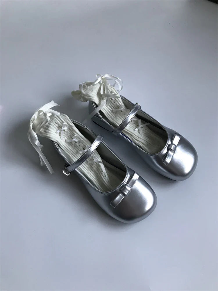 MQTIME - Silver French Fashion Bow Flat Women's New Summer Retro Pu Leather Shoes Elegant Feminine Lolita Mary Jane Shoes