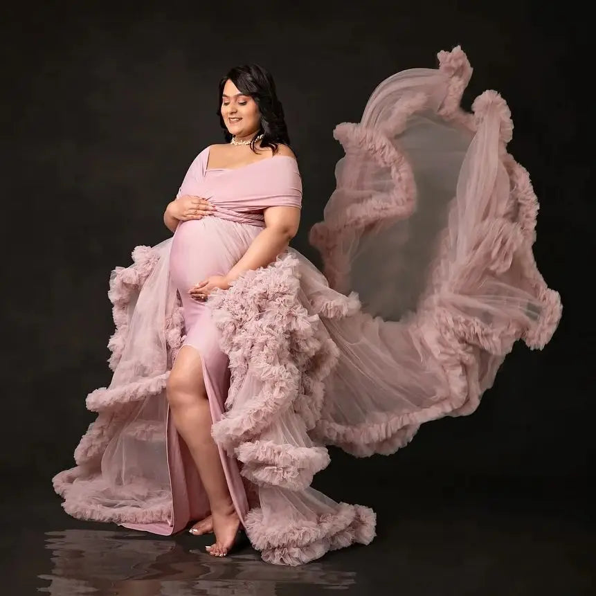 nvxiot - Dusty Pink Maternity Dresses for Babyshower Elegnat Off The Shoulder Ruffles Vestidos For Pregnant Woman Slit Photoshoot Props