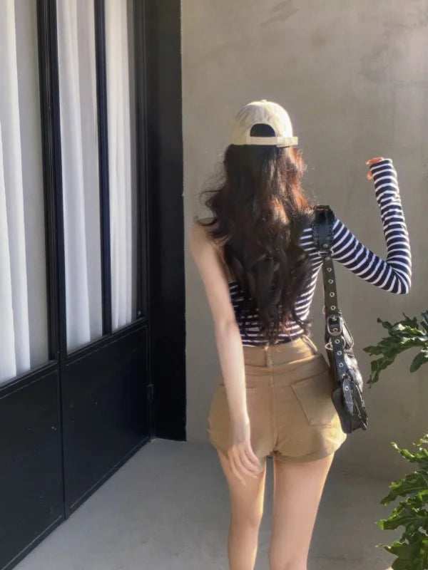 nvxiot - 2024 new black and white striped chest, large waist, pure desire for slim fit, single T-shirt, asymmetrical long sleeved top