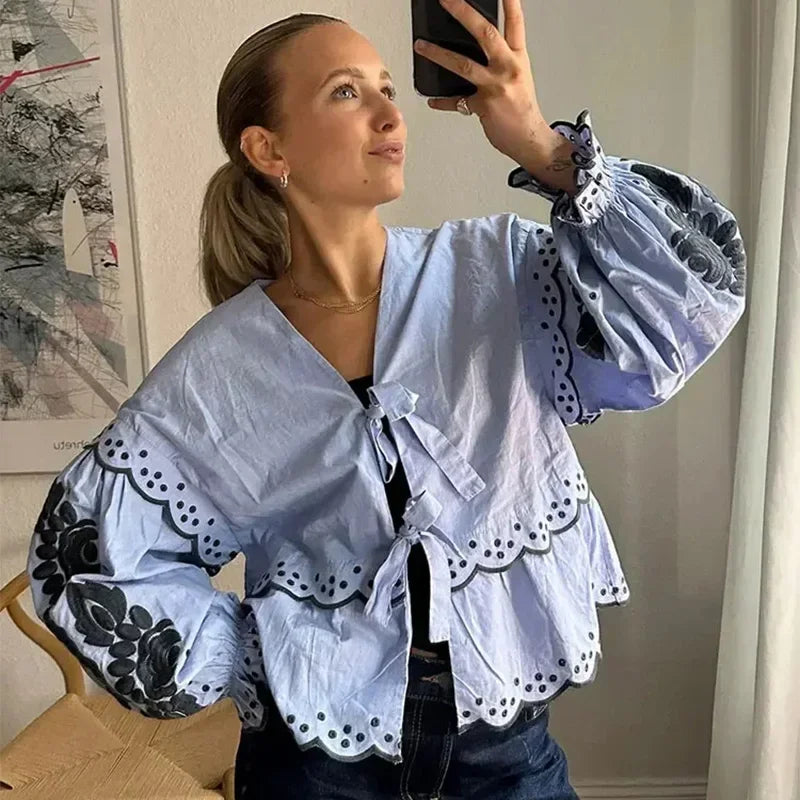 MQTIME - Elegant Floral Print Lace Up Bow Shirts for Women Sweet V Neck Lantern Long Sleeve Blouse Spring Summer Female Streetwear Tops