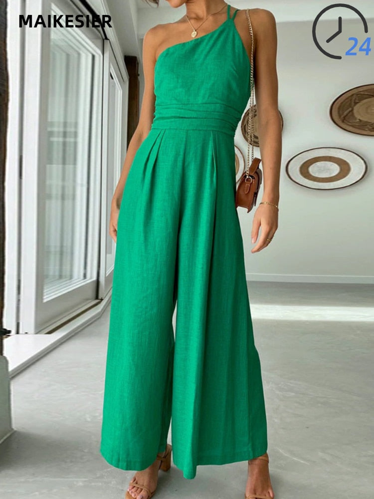 nvxiot Jumpsuit Women 2023 Summer Sleeveless Diagonal Shoulder Chic Elegant Backless Sexy Green Straight Tube Wide Leg Pants Solid Long