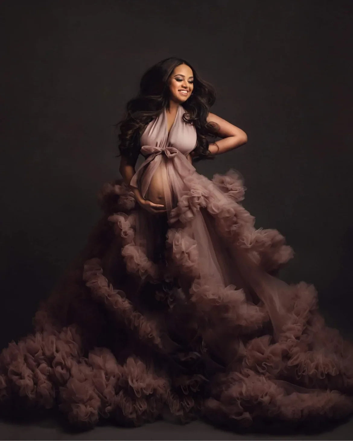 nvxiot - Mauve Ruffled Bridal Tulle Maternity Dresses for Photo Shoot Extra Puffy Tiered Halter Backless Maternity Gowns Babyshower Wear