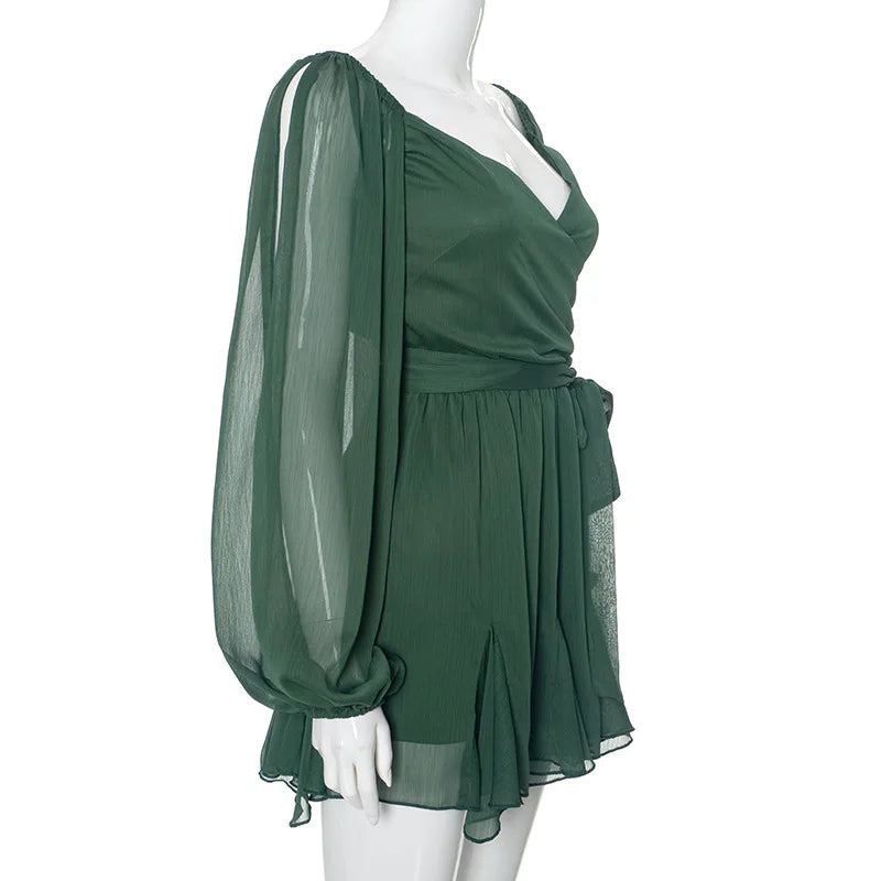 MQTIME - Women Sexy Chiffon Mini Dress V-neck Split Lantern Sleeve Lace Up Backless Fit Flare Summer Holiday Beach Outfits Casual Vestido