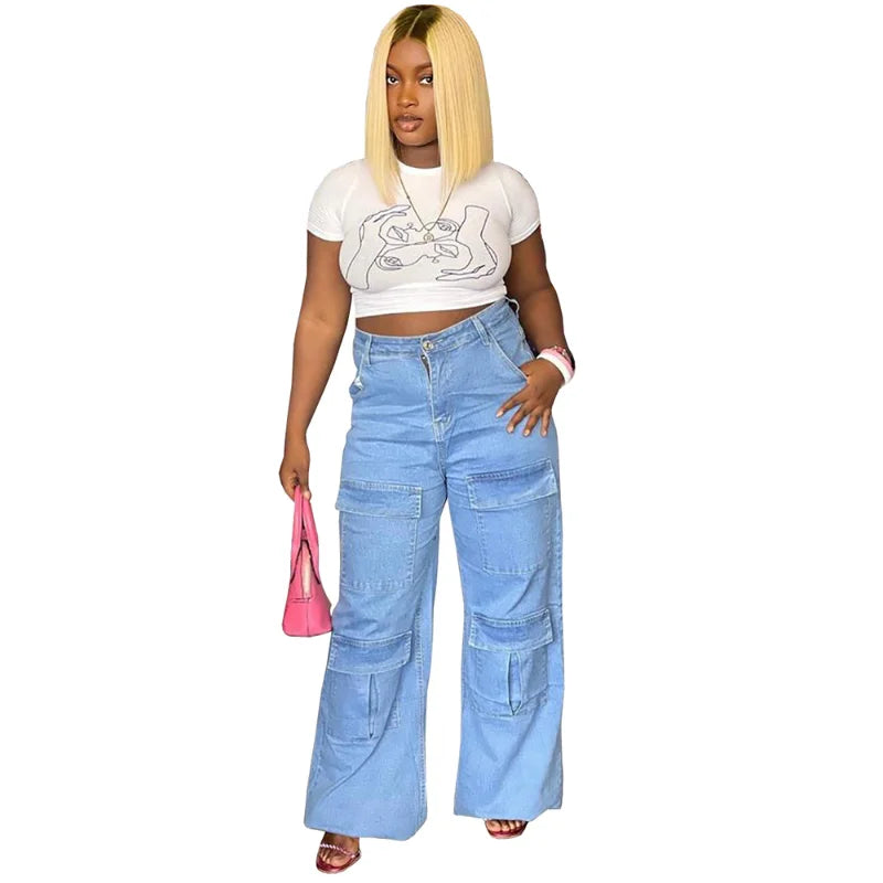 nvxiot - Streetwear Fashion Cargo Jeans Wide Leg Pants Women Multi Pockets High Waist Button Fly Loose Casual Denim Trousers Bottoms