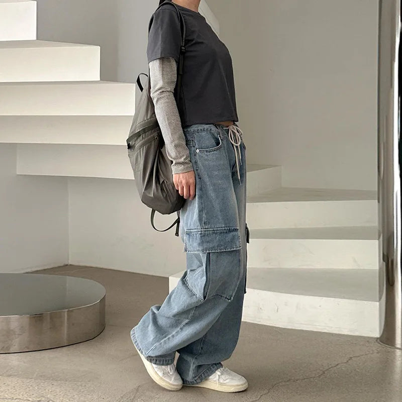 nvxiot American lace-up low waist cargo jeans women's wash blue loose draping mopping pants large pocket denim cargo pants summer thin