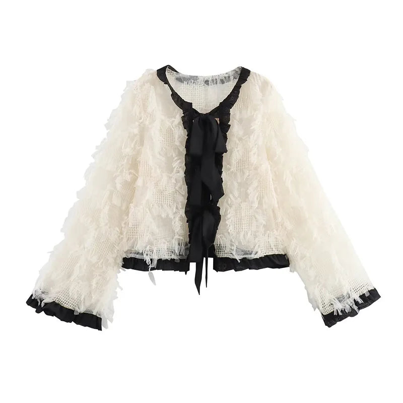 MQTIME - Knitted Mesh Lace Up Shirts Women Elegant Hollow Out Loose Lace Long Sleeve Jacket Coat Female Chic Casual O-Neck Coats Outwear