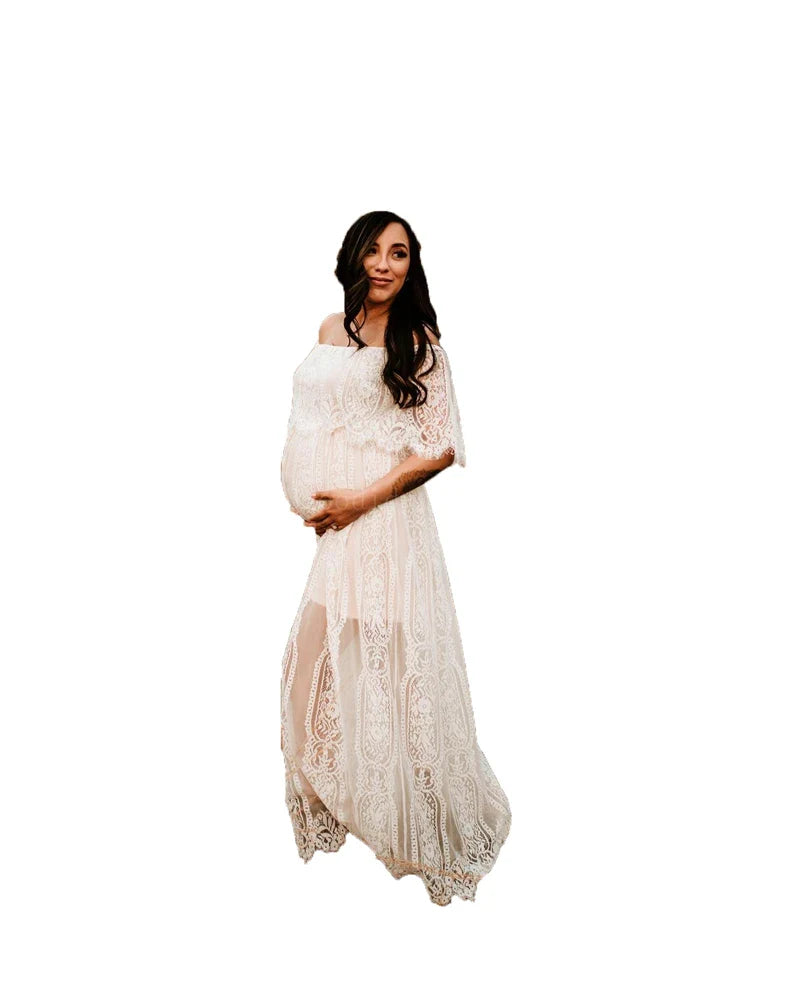 nvxiot - Maternity Photoshoot Dress Stylish Maternity Lace Maxi Dress with Off-Shoulder Design for Photography Sessions