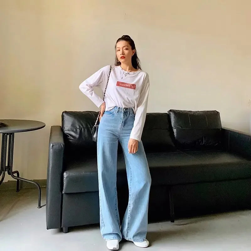 nvxiot - High Waist Solid Color Wide Leg Jeans Spring Autumn New Retro Style Women Street Style Classic Slim Pants Lady Straight Denim