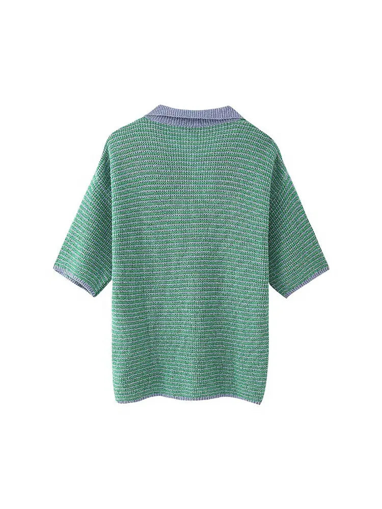 MQTIME - Women's 2024 Elegant Knitted Pullover Lapel V-shaped Polo Collar Summer Short Sleeves Striped Stylish Street Tops