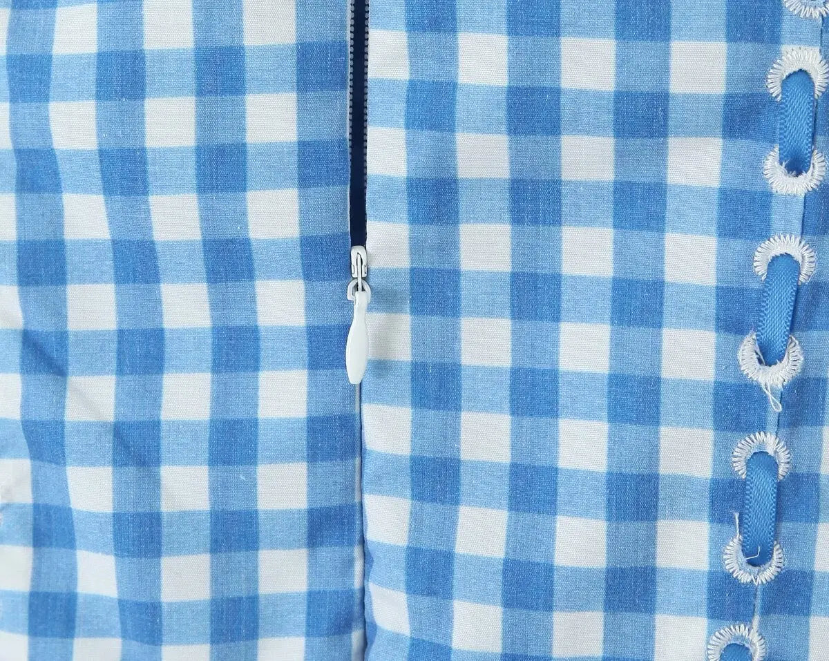 MQTIME - Summer Fashion Atmosphere Retro Blue Plaid Flap Pocket Pants Suspender Long European And American Style Street Design Dress