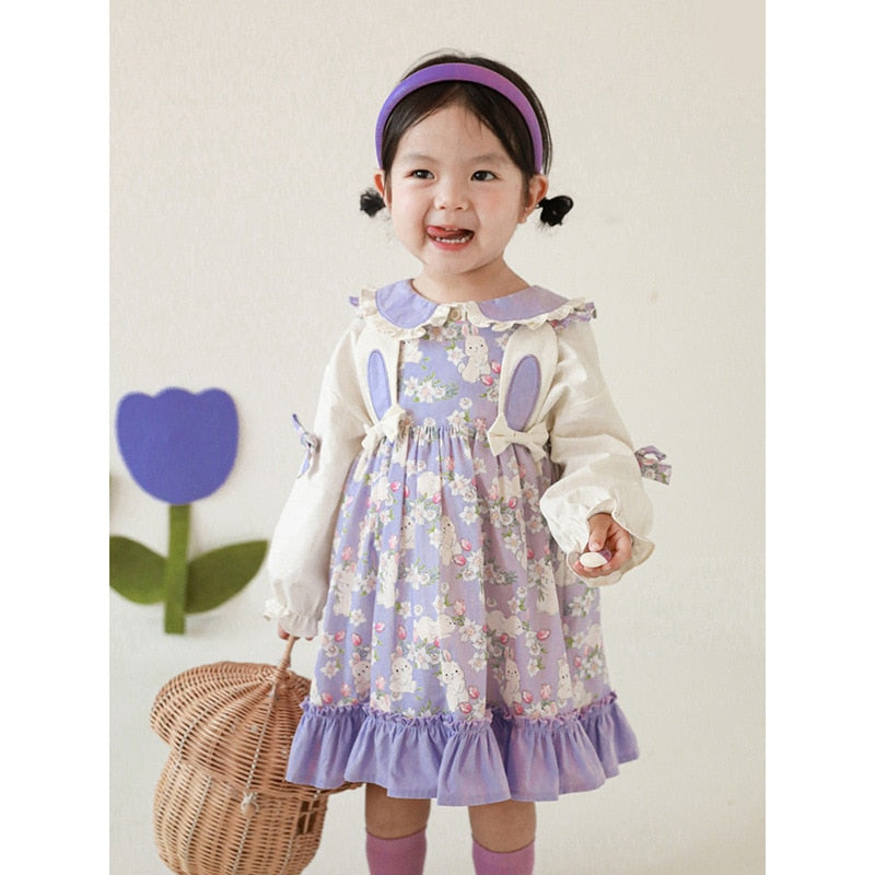 nvxiot Girls' Purple Rabbit Series Suit Spring Shirt Children's Fresh Coat Top Baby Skirt Shorts