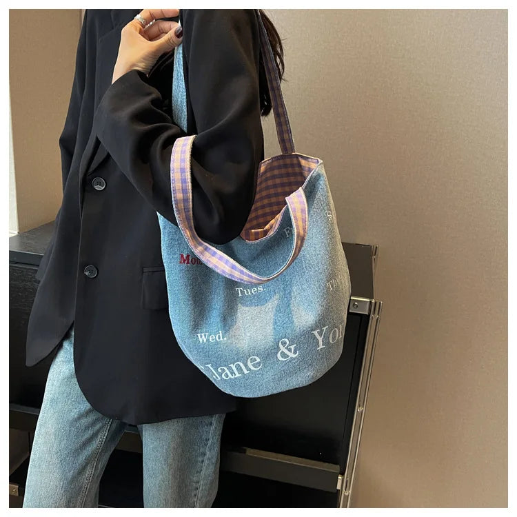 MQTIME - Vintage Denim Bucket Bag Women New Letter Print Chic Large Capacity Shoulder Tote Bag Ladies Harajuku Casual Handbag Y2k