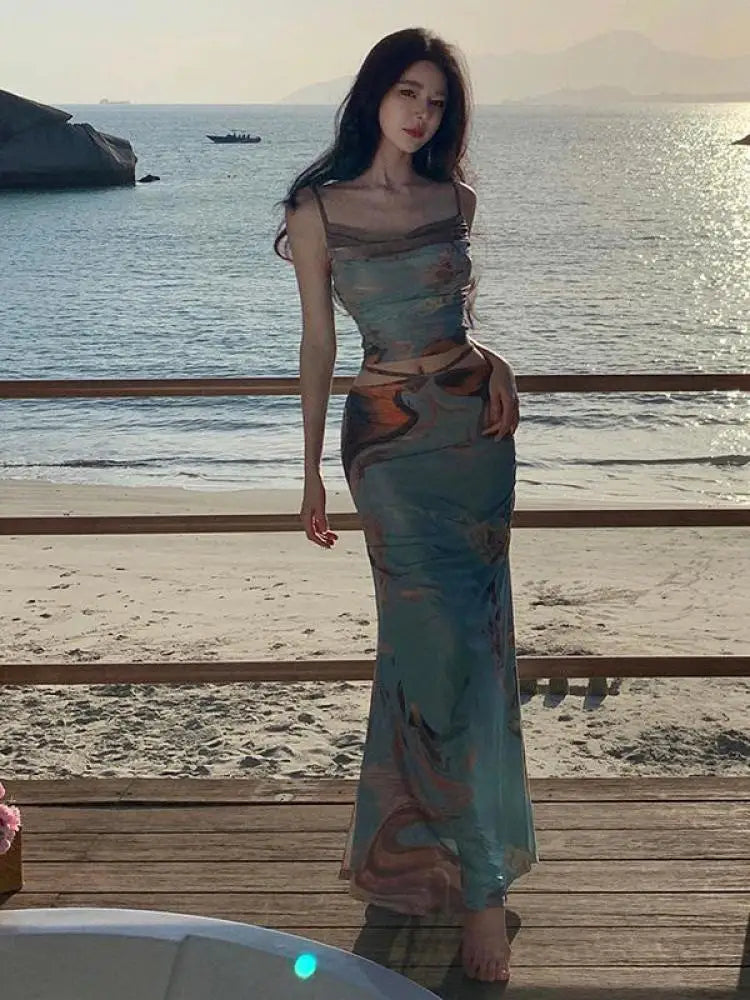 nvxiot - Summer Holiday Blue Print Two-piece Set Women Backless Spaghetti Strap Short Tops + High Waist Pleated Long Skirts Suit Bohemian