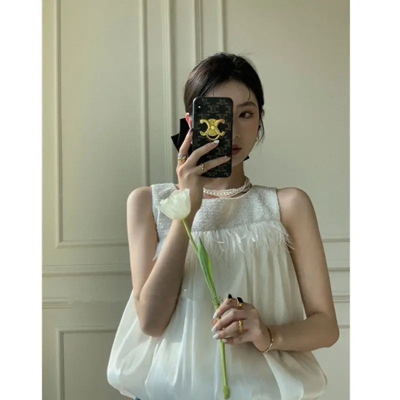 MQTIME - Summer New French Small Fragrance Style Paired Feather Sleeveless Doll Shirt Female Round Neck Short White Tank Top Women Trendy
