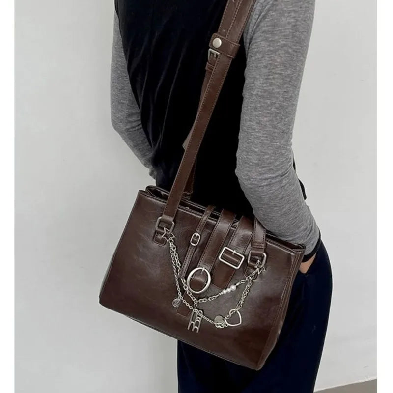 nvxiot - Sweet Cool Brown Shoulder Bags Purse Women High Street Leather Chain Handbag Ladies Moto Biker Casual The Tote Bag Y2k