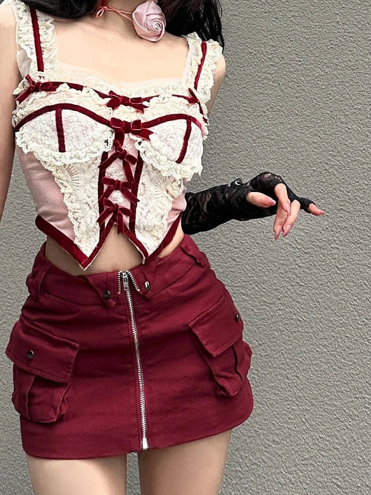 MQTIME - Sexy Red Zipper Mini Skirt Hotsweet High Street Pocket Cargo Skirt Korean Style Design High Waist Slim Skirts for Women