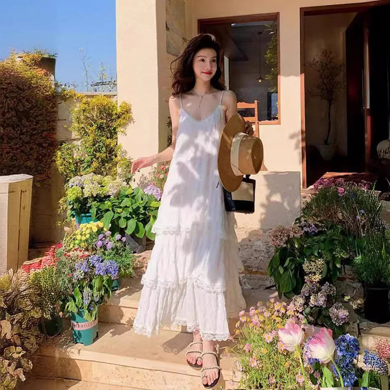 MQTIME - Fairy White Dress Seaside Vacation Beach Dress Premium French Long Halter Summer Loose Dress
