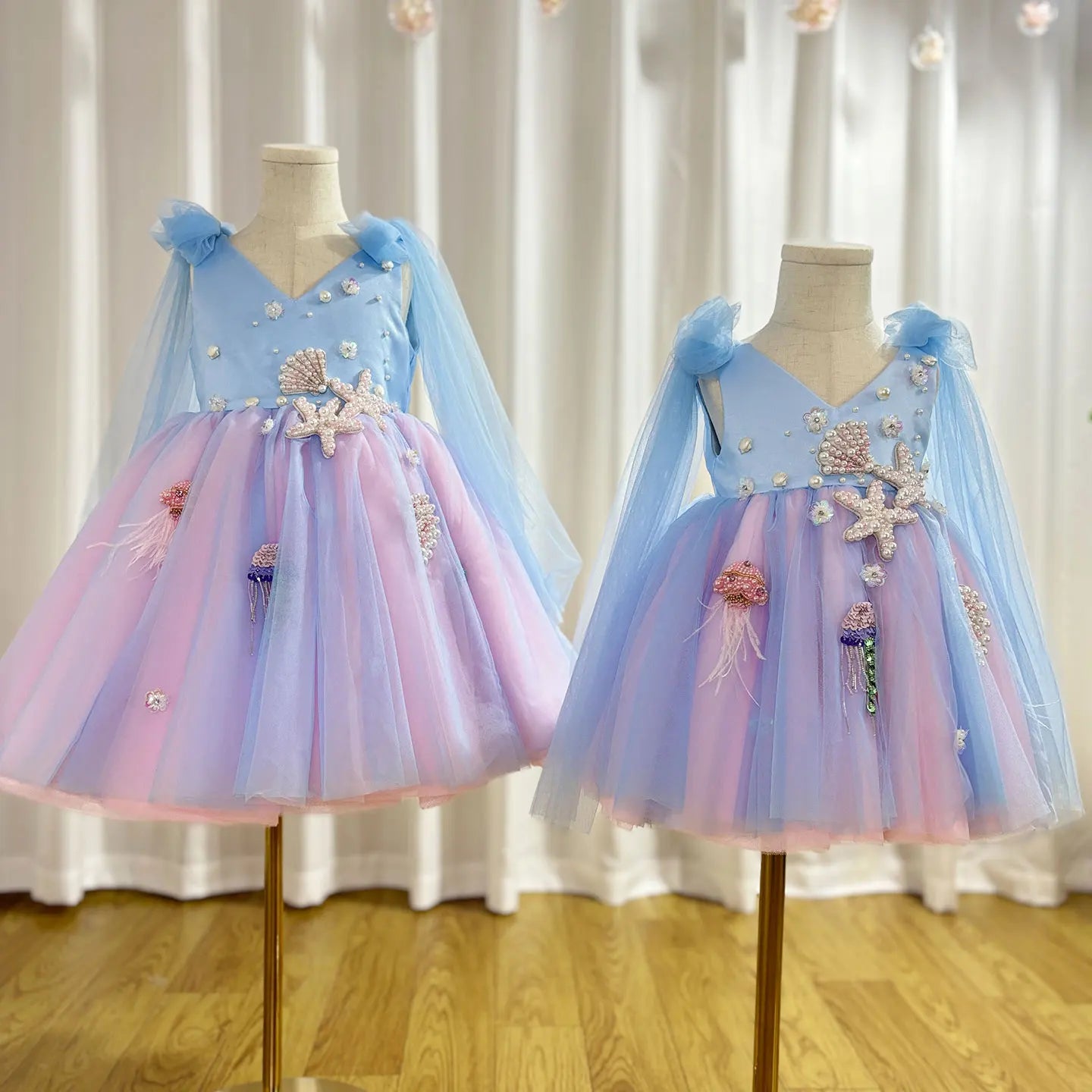 MQTIME - Luxury Sky Blue Baby Flower Girl Dresses Beaded Arab Pearls Princess Kids Gown for Birthday Wedding Evening Party J072