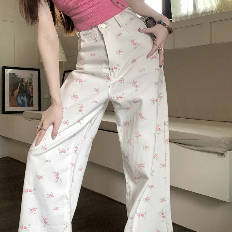 nvxiot Korean Floral Printed Sexy Slim Casual Jeans Women Summer New High Waist Fashion All Match Wide Leg Pants