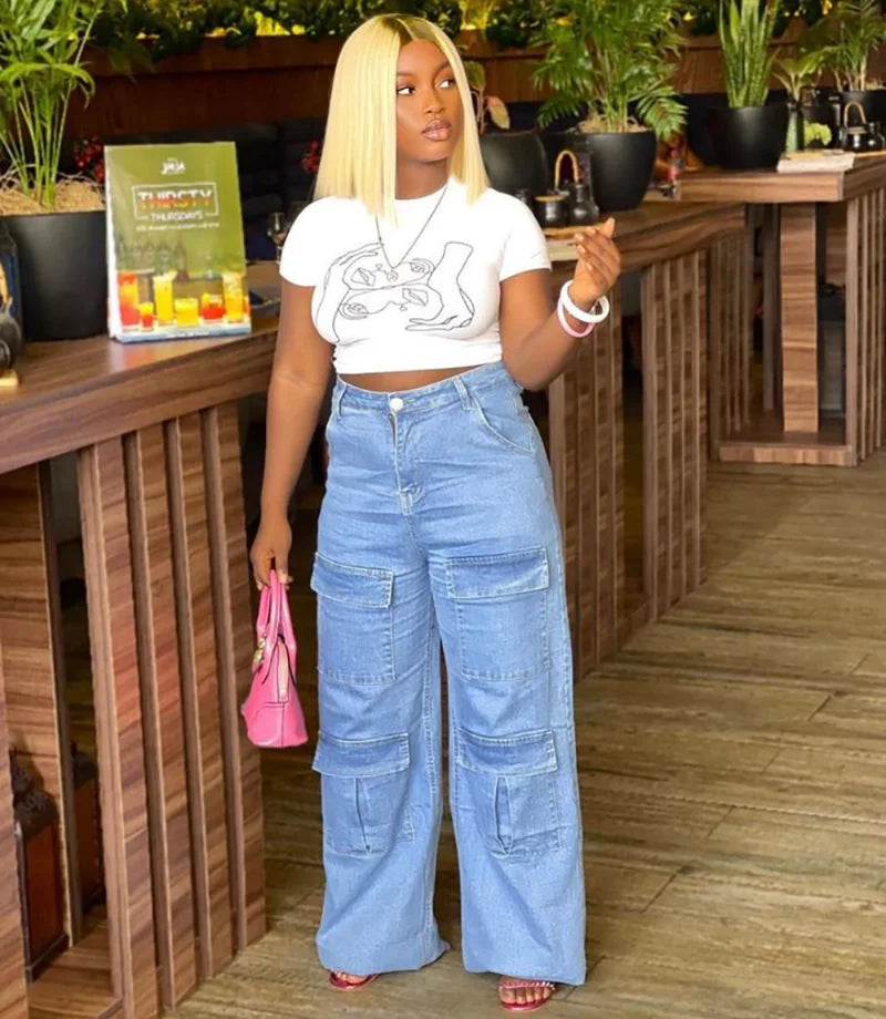 nvxiot - Streetwear Fashion Cargo Jeans Wide Leg Pants Women Multi Pockets High Waist Button Fly Loose Casual Denim Trousers Bottoms