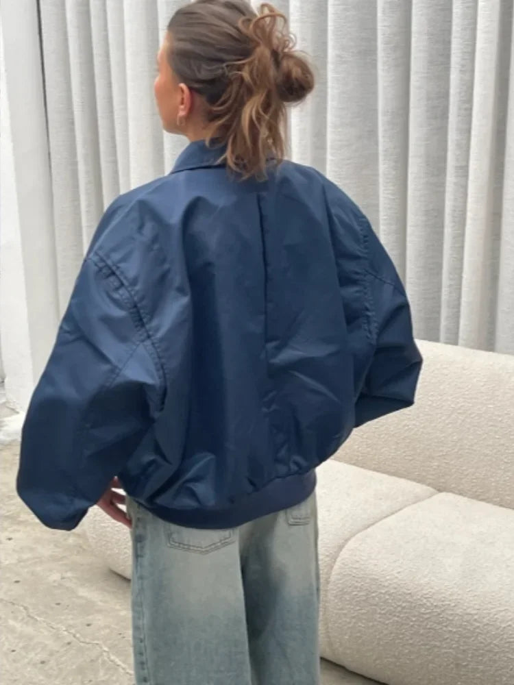 MQTIME - Fashion Zipper Lapel With Pockets Bomber Jacket Women Casual Solid Long Sleeves Short Coats 2024 Autumn Lady Street Outerwear