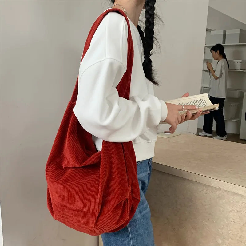 nvxiot Large Capacity Shoulder Bag Women Tote Corduroy Handbags for Female INS Fashion Big Bags Black/Beige/Red/Green/Khaki Solid Color