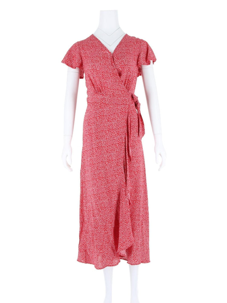 nvxiot New In Dresses Summer Dress for Women 2023 V-neck Floral Short Petal Sleeve Long Dress Beach Dress Women Clothing Streetwear