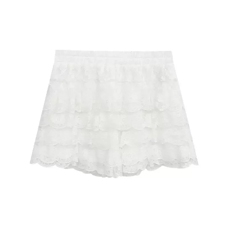 MQTIME - Bow Slash Neck Lace Up Pink Corset Crop Tops White Lace Patchwork Ruffled High Waist Shorts 2 Piece Sets Womens Outifits
