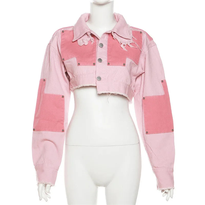 nvxiot - Tassel Color Patchwork Cargo Jeans Jackets Women Fashion Turn Down Collar Long Sleeve Buttons Rivets Asymmetrical Denim Coat
